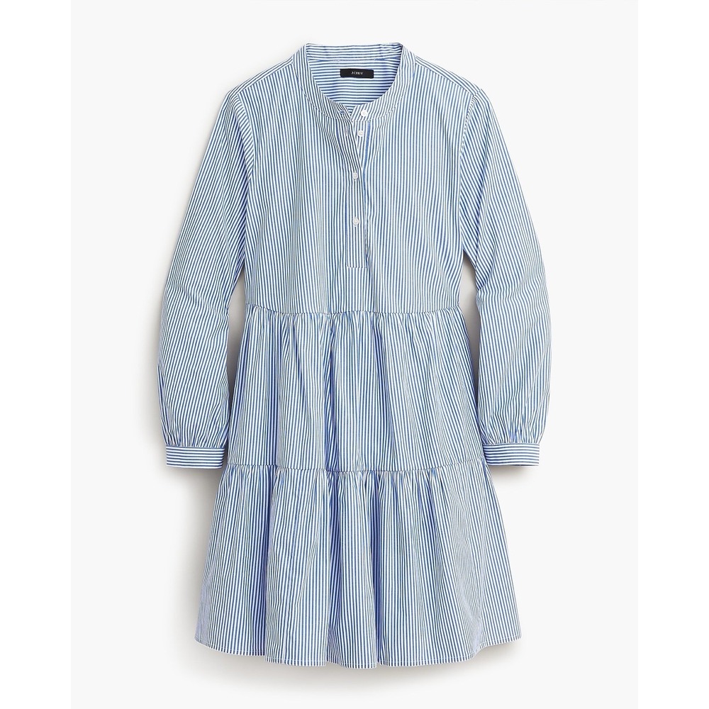 J. Crew Blue White Striped Stretch Poplin Tiered Dress Pockets AV671 L